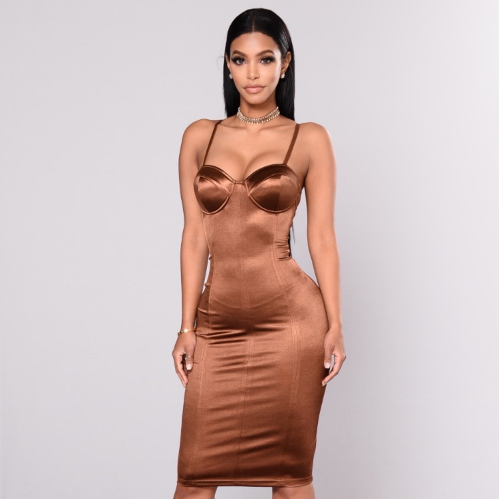 Brown satin midi dress